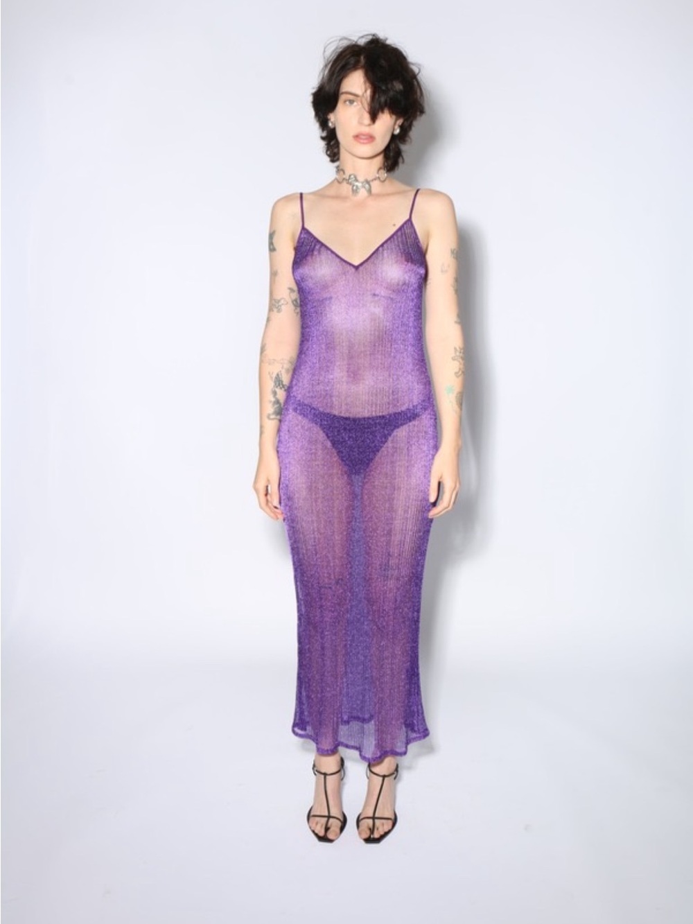 Satin-Like Purple Maxi Slip Dress with Strappy Neckline - Picture 2 of 4